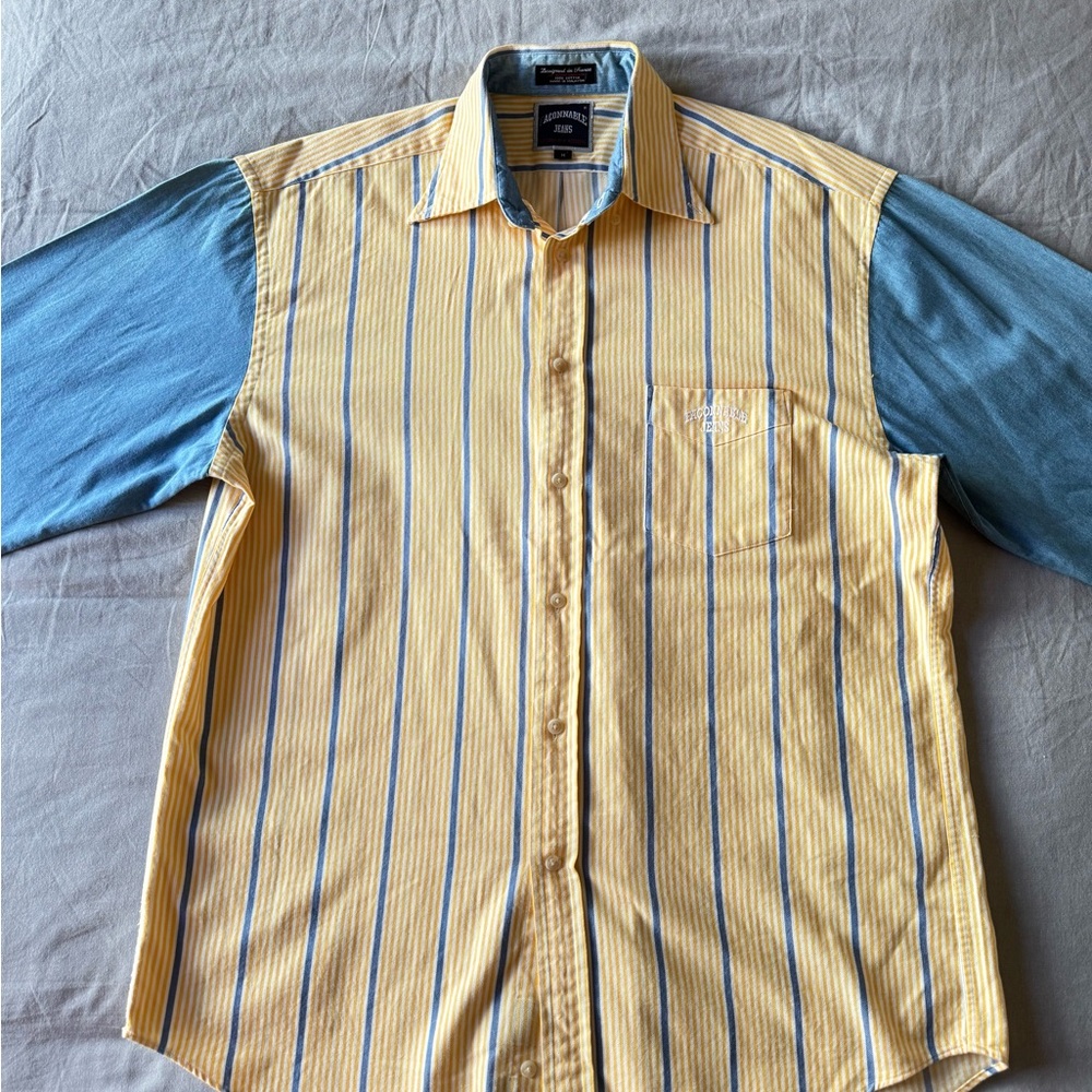Faconnable Men's Yellow and Blue Striped Shirt